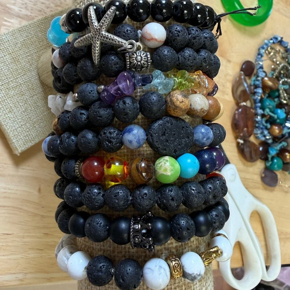 Beaded Bracelet Set Multicolor Lava‎ Rock Chakra Boho Starfish